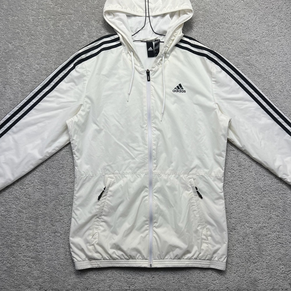 Adidas Jacket Mens S White Black Striped Full Zip Hooded Lightweight Windbreaker - Picture 2 of 16
